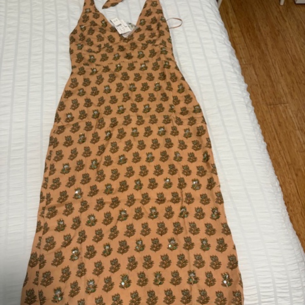 J Crew Collection embellished Halter Dress in Tonal Tulip Block Print